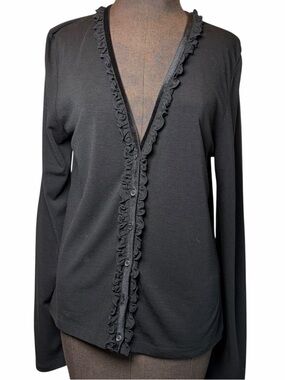 Ann Taylor Black Ruffle Trim Cardigan Sweater Size M Classic Lightweight